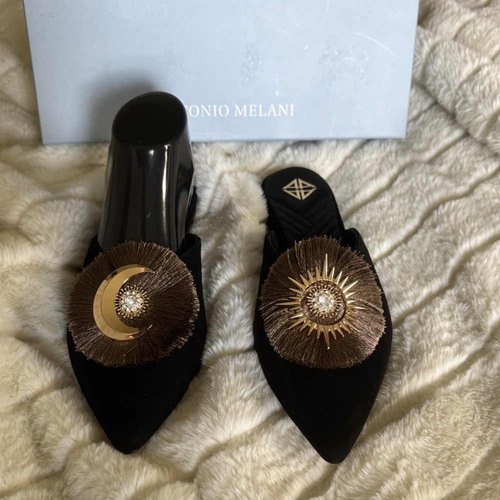 ANTONIO MELANI Black Velvet Pointed Mule with Moon & Sun Medallions